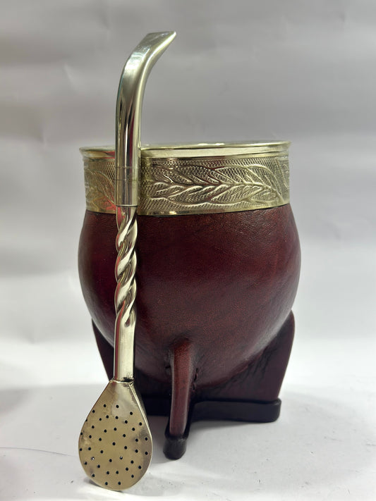 Mate Imperial Calabaza Café Borravino Diseño 3 + Bombillon Artesanal Alpaca Trenzada Pico Loro Alpaca Filtro Uruguayo Xl