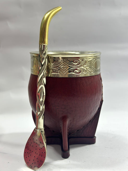 Mate Imperial Calabaza Café Borravino Diseño 2 + Bombillon Artesanal Alpaca Trenzada Pico Loro Bronce Filtro Uruguayo Xl