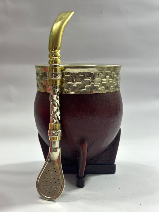 Mate Imperial Calabaza Café Borravino Diseño 1 + Bombillon Artesanal Alpaca Trenzada Pico Loro Bronce Filtro Argentino