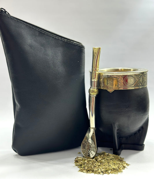 Mate Imperial Homenaje Colo-Colo + Yerbero de Cuero Negro + Bombillon de Alpaca Recto