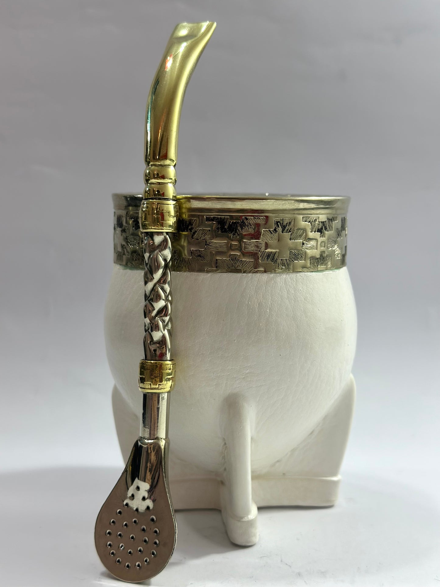 Mate Imperial Blanco de Calabaza #1 + Bombillón De Alpaca Trenzada Pico De Loro