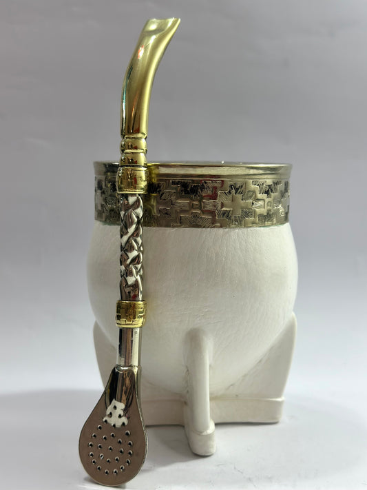 Mate Imperial Blanco de Calabaza #1 + Bombillón De Alpaca Trenzada Pico De Loro