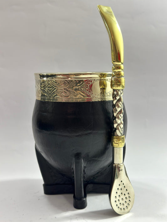 Mate Imperial Negro Cuero Croco de Calabaza #2 + Bombillón de Alpaca Trenzada Pico de Loro