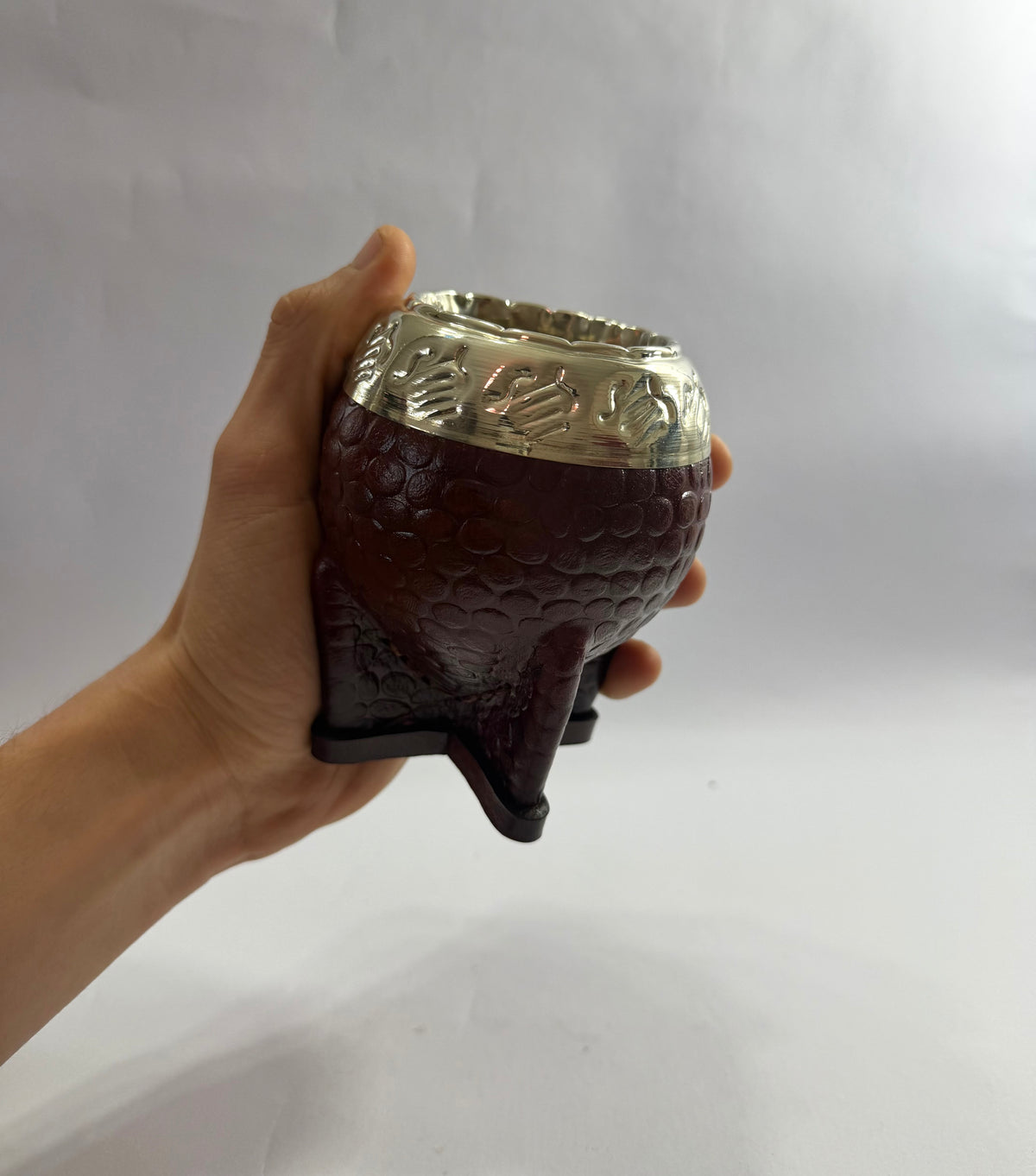 Mate Torpedo Café Borravino de Acero trabajado en cuero croco + Virola Uruguaya
