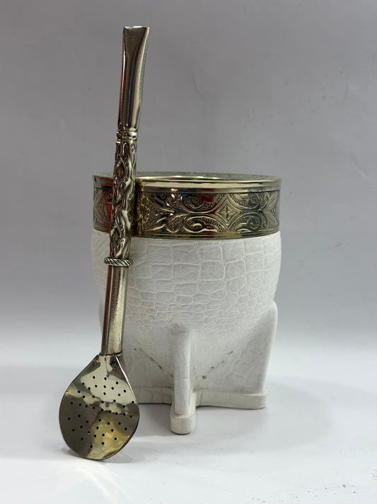 Mate imperial Blanco de calabaza Cuero Croco Diseño #2