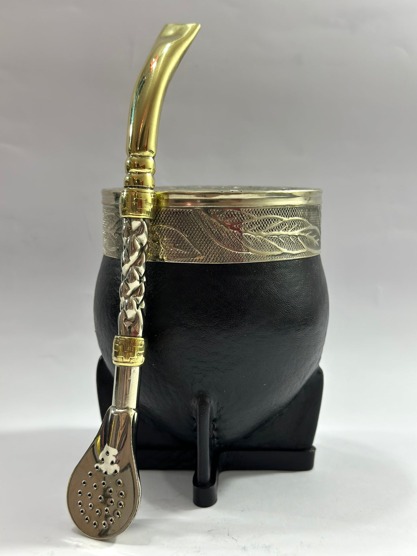 Mate Imperial Negro De Calabaza #3 + Bombillón De Alpaca Trenzada Pico De Loro