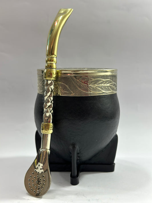 Mate Imperial Negro De Calabaza #3 + Bombillón De Alpaca Trenzada Pico De Loro