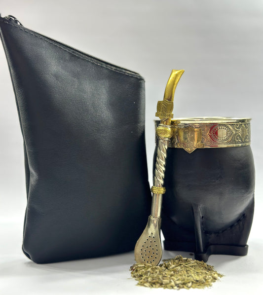 Mate Imperial Homenaje Colo-Colo + Yerbero de Cuero Negro + Bombillon de Alpaca Trenzada Personalizado.