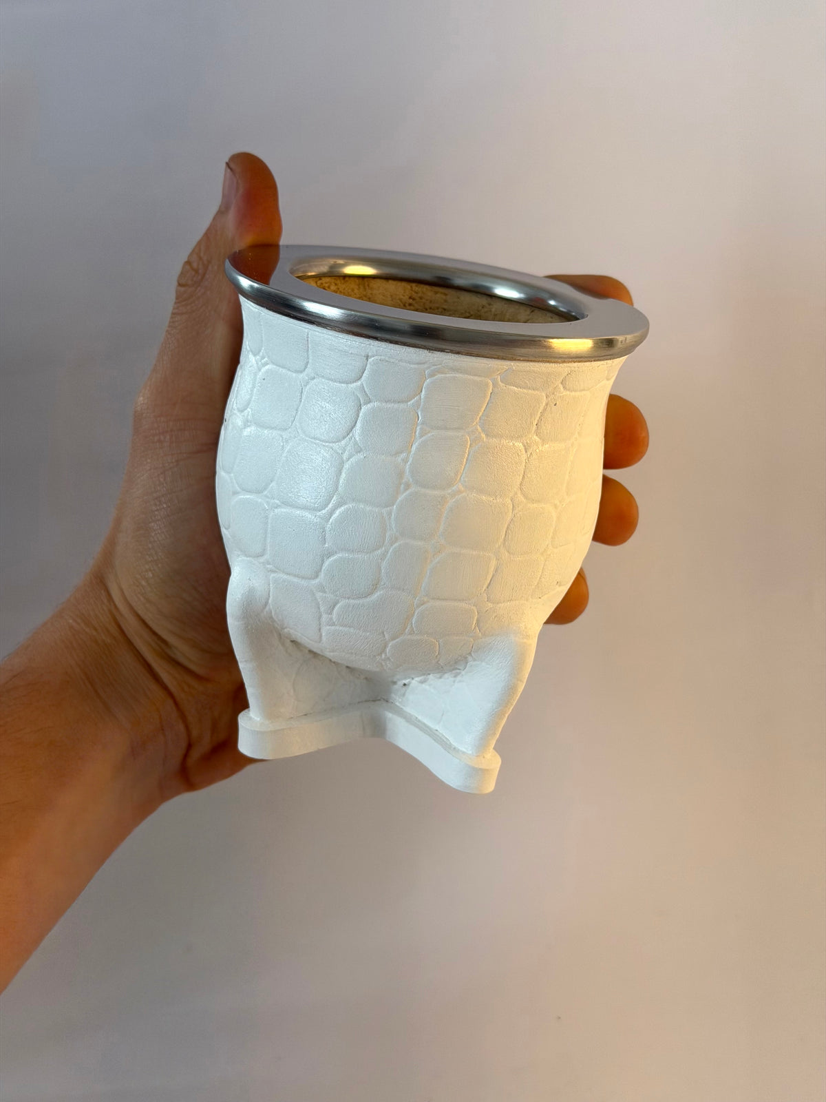 Mate Camionero De Calabaza Cuero Croco Blanco
