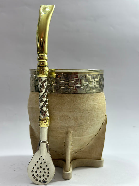 Mate Imperial Cuero Crudo de Calabaza #1 + Bombillón de Alpaca Trenzada Pico de Loro