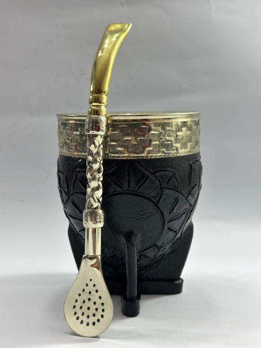 Mate Imperial Negro Cuero Labrado Diseño Flor