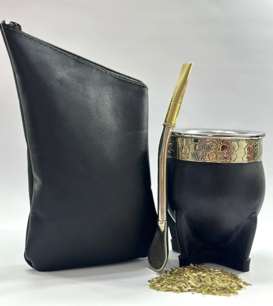 Mate Imperial Calabaza Homenaje Messi + Yerbero de Cuero Negro + Bombillon de Alpaca Curvo