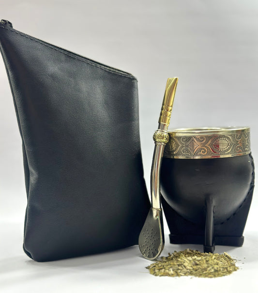 Mate Imperial Calabaza Cuero Liso Negro + Yerbero de Cuero Negro + Bombillon de Alpaca Recto