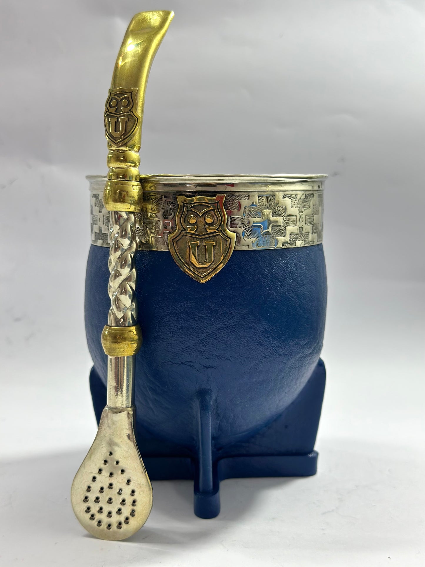 Mate Imperial Azul de Calabaza Personalizado Universidad De Chile+ Bombillon de Alpaca trenzada personalizado