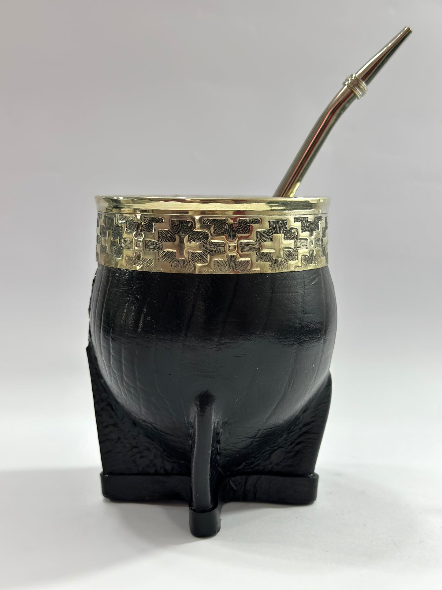 Mate imperial Negro Cuero Croco de Calabaza #1 + Bombilla de Acero Tradicional