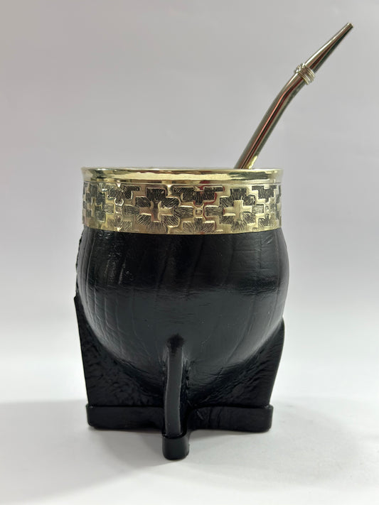 Mate imperial Negro Cuero Croco de Calabaza #1 + Bombilla de Acero Tradicional