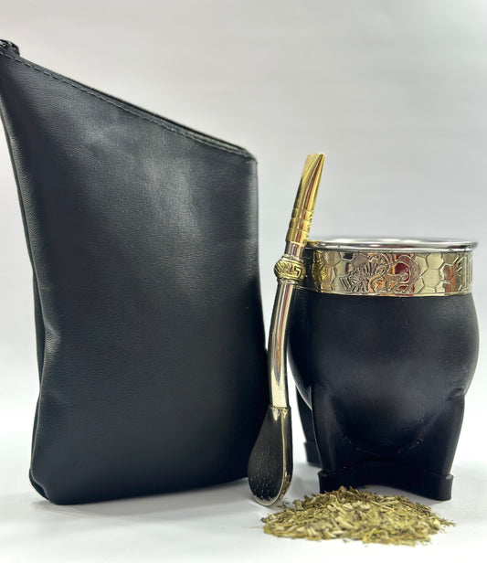 Mate Imperial Calabaza Homenaje Messi + Yerbero de Cuero Negro + Bombillon de Alpaca Maciza Recto