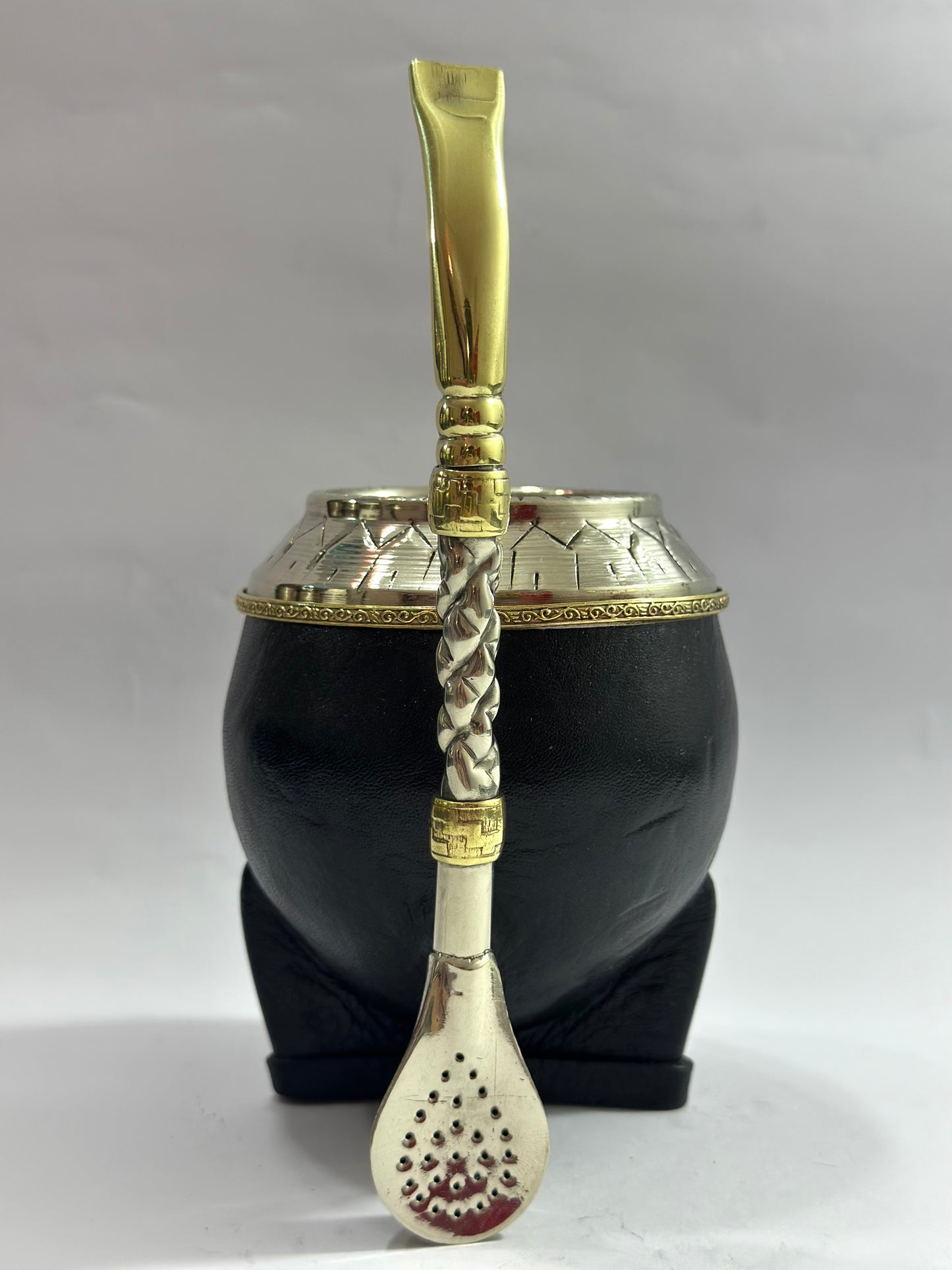 Mate Torpedo Negro de Calabaza Corona de Bronce + Bombillón De Alpaca Trenzada Pico De Loro