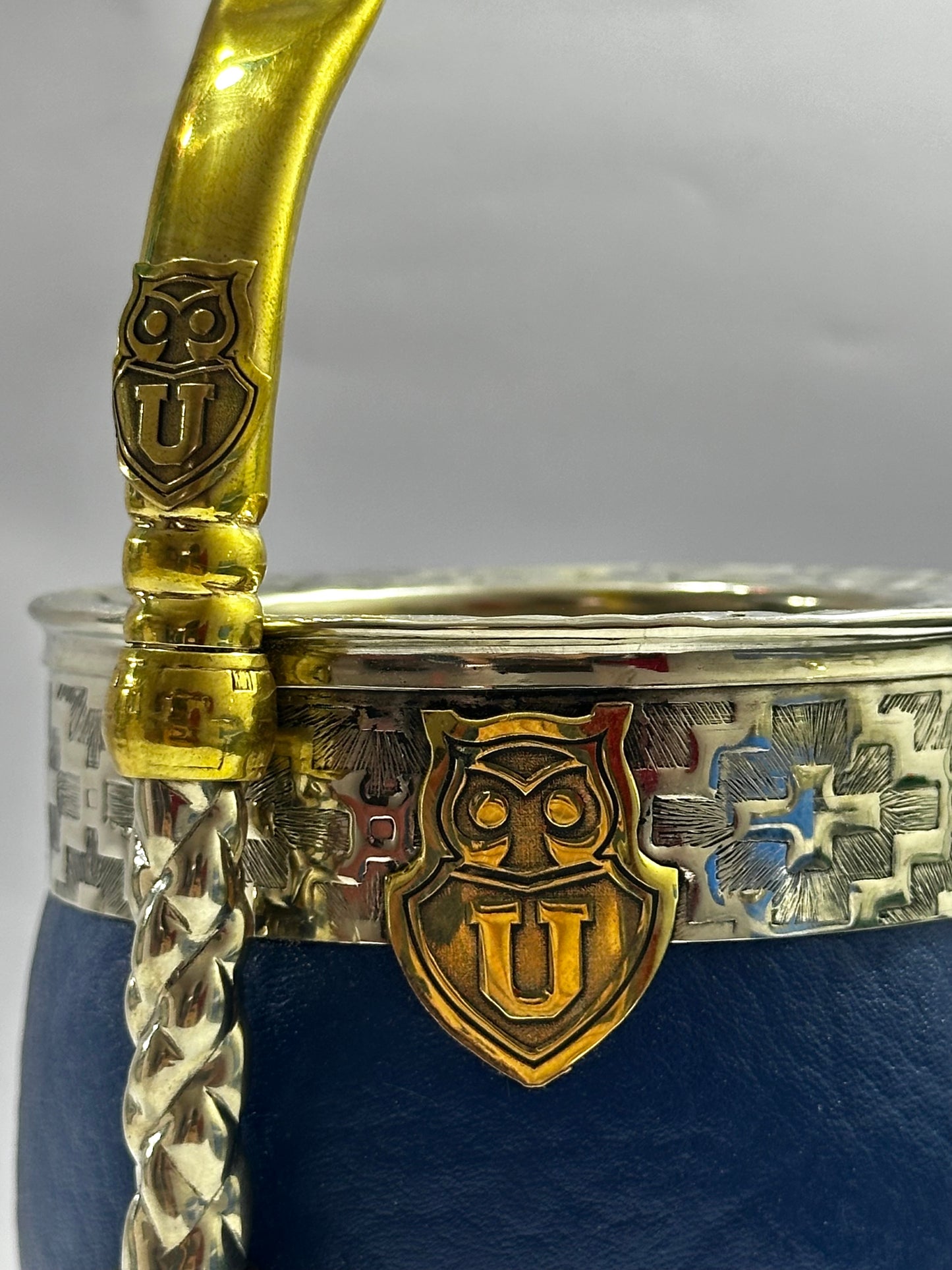 Mate Imperial Azul de Calabaza Personalizado Universidad De Chile+ Bombillon de Alpaca trenzada personalizado