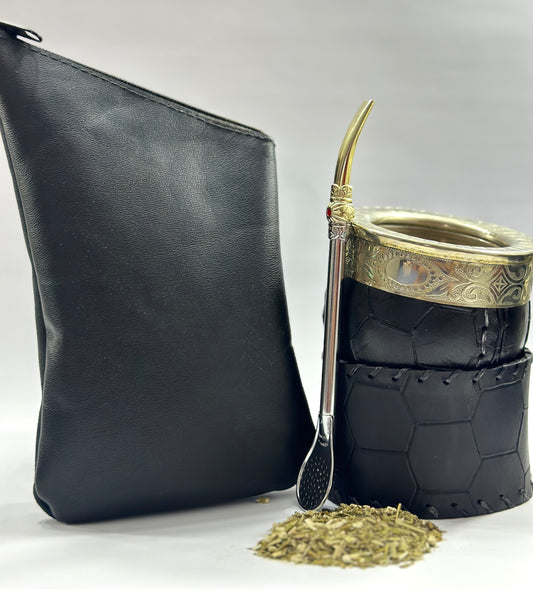 Mate Criollo Premium Acero Cuero Labrado Diseño Balón Fútbol + Yerbero de Cuero Negro + Bombilla de acero INOX