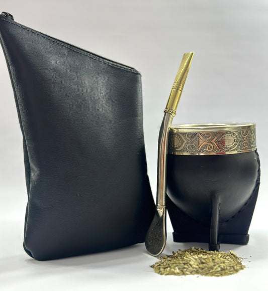 Mate Imperial Calabaza Cuero Liso Negro + Yerbero de Cuero Negro + Bombillon de Alpaca Curvo