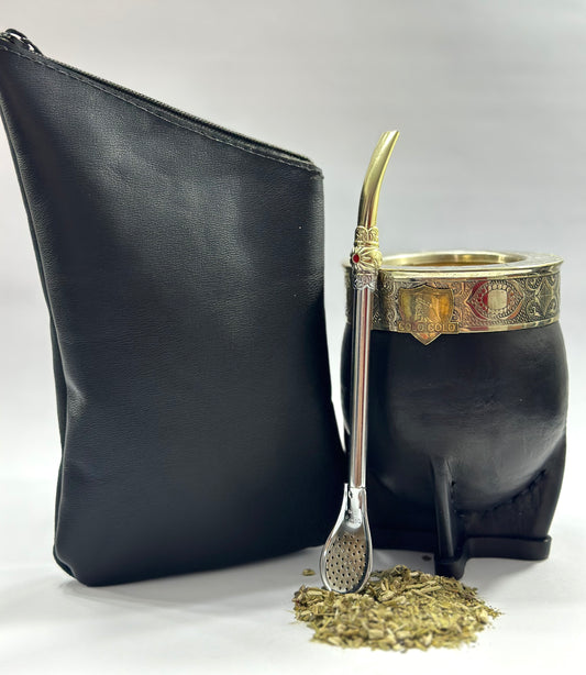 Mate Imperial Homenaje Colo-Colo + Yerbero de Cuero Negro + Bombilla de Acero INOX.