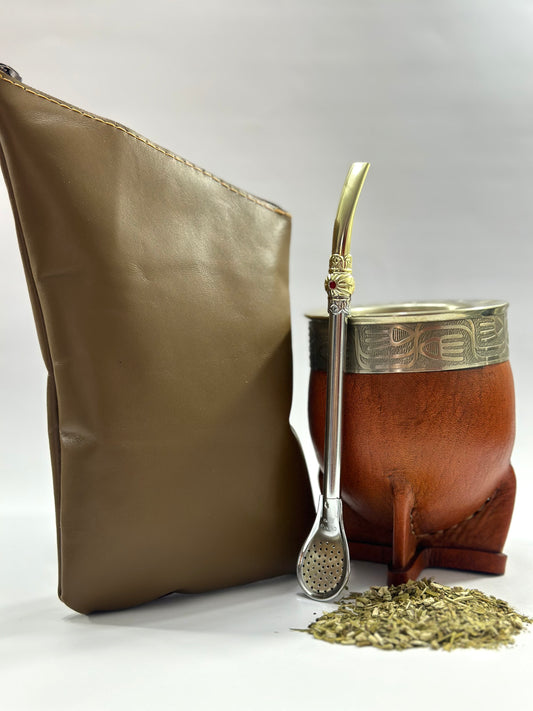 Mate Imperial Calabaza Cuero Liso Café + Yerbero de Cuero Café + Bombilla acero INOX